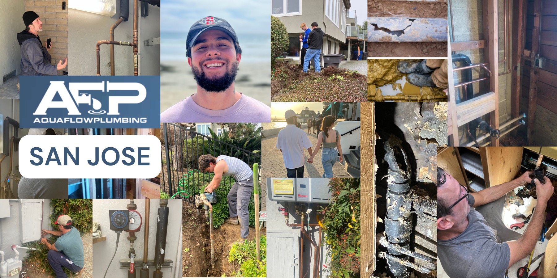 Collage of Aqua Flow Plumbing jobs around San Jose: repipes, water heaters, sewer repairs, and fixture installs